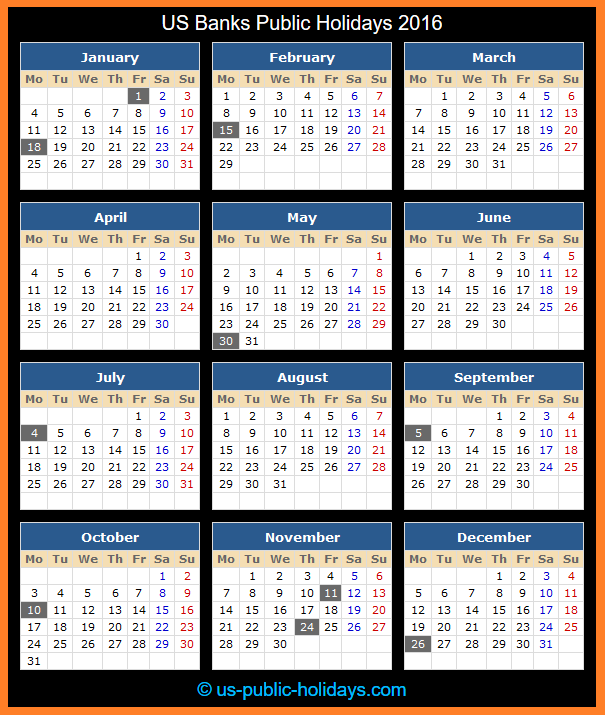 US Banks Holiday Calendar 2016